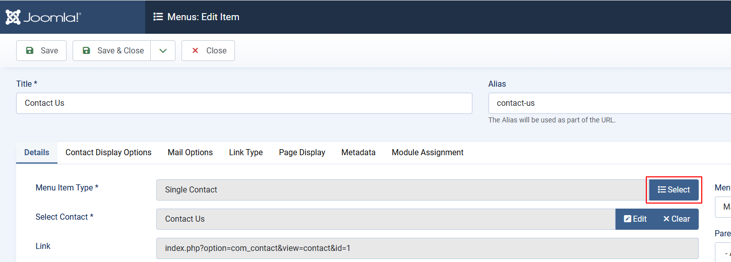 Details tab > Menu Item Type > Select Details tab > Menu Item Type > Select