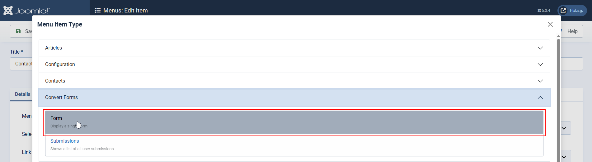 Menu Item Type dlg > Convert Forms > Form Menu Item Type dlg > Convert Forms > Form
