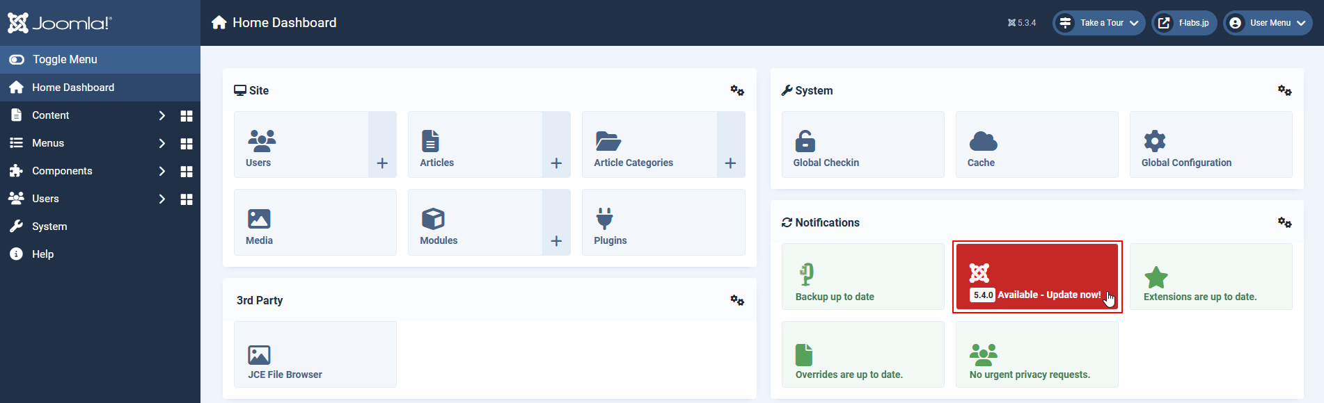 5.4.0 Available - Update now!をクリック 5.4.0 Available - Update now!をクリック