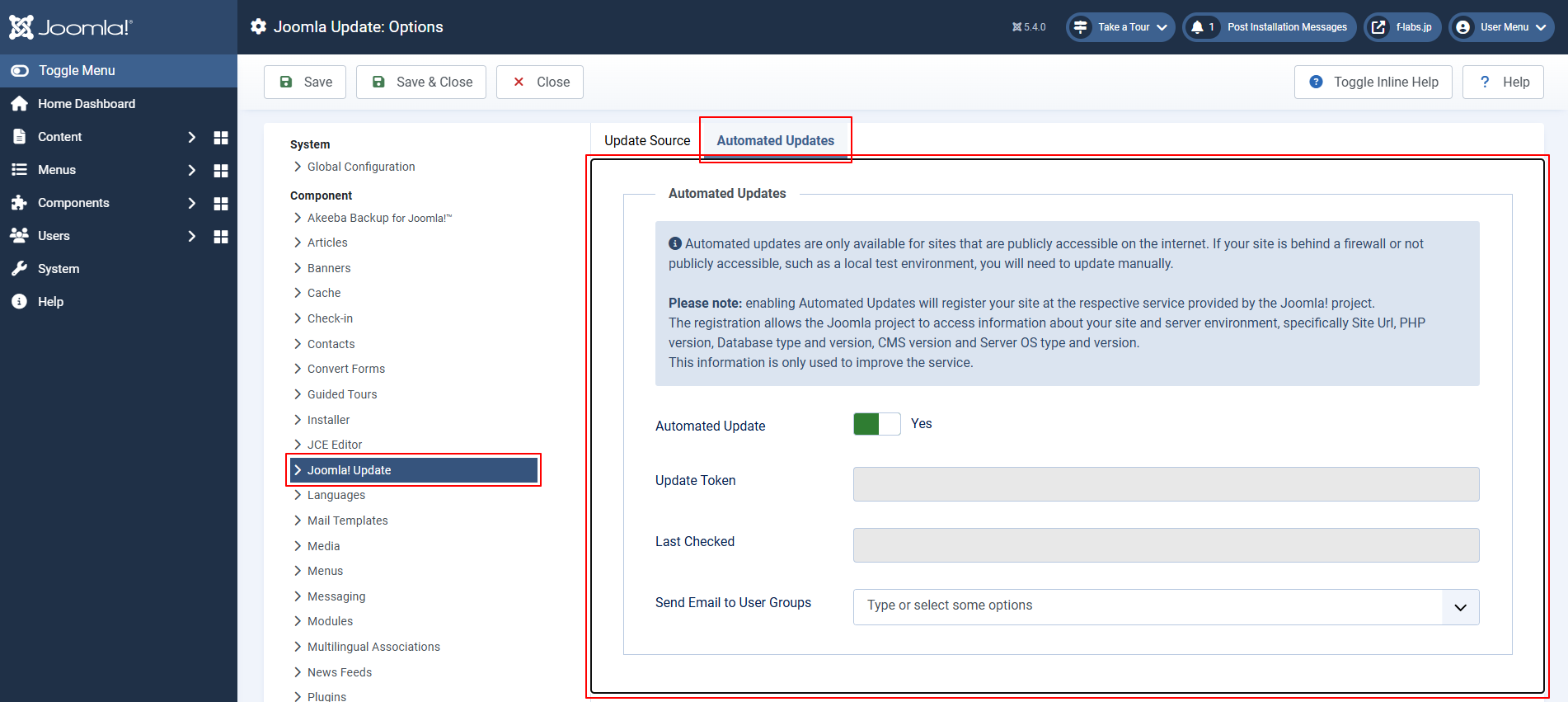 Automated Update tabにOption項目が表示 Automated Update tabにOption項目が表示