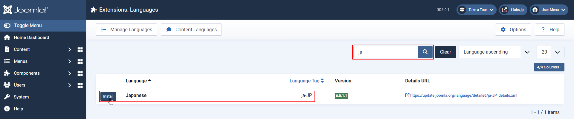 日本語パッケージを検索し、Installをクリック