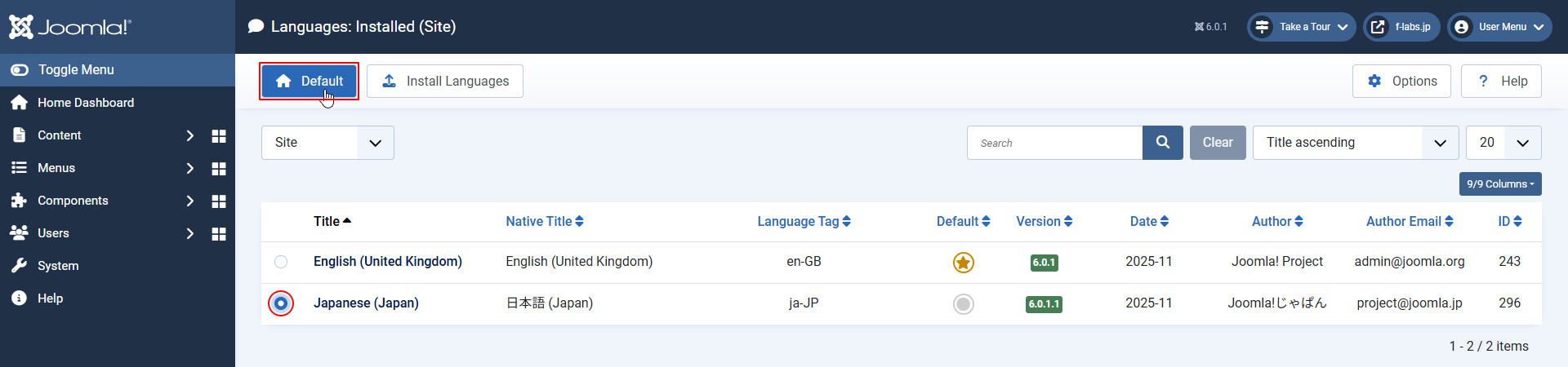 Japaneseを選択して、Defaultをクリック Japaneseを選択して、Defaultをクリック