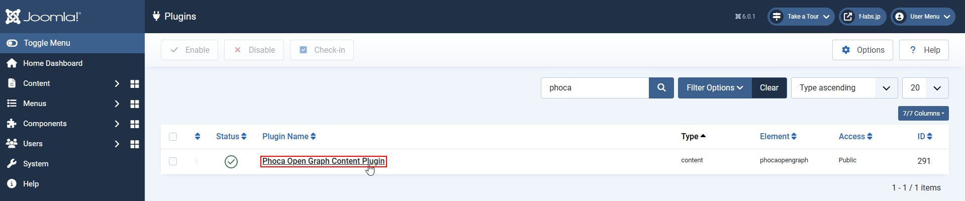 Phoca Open Graph Pluginを開きます